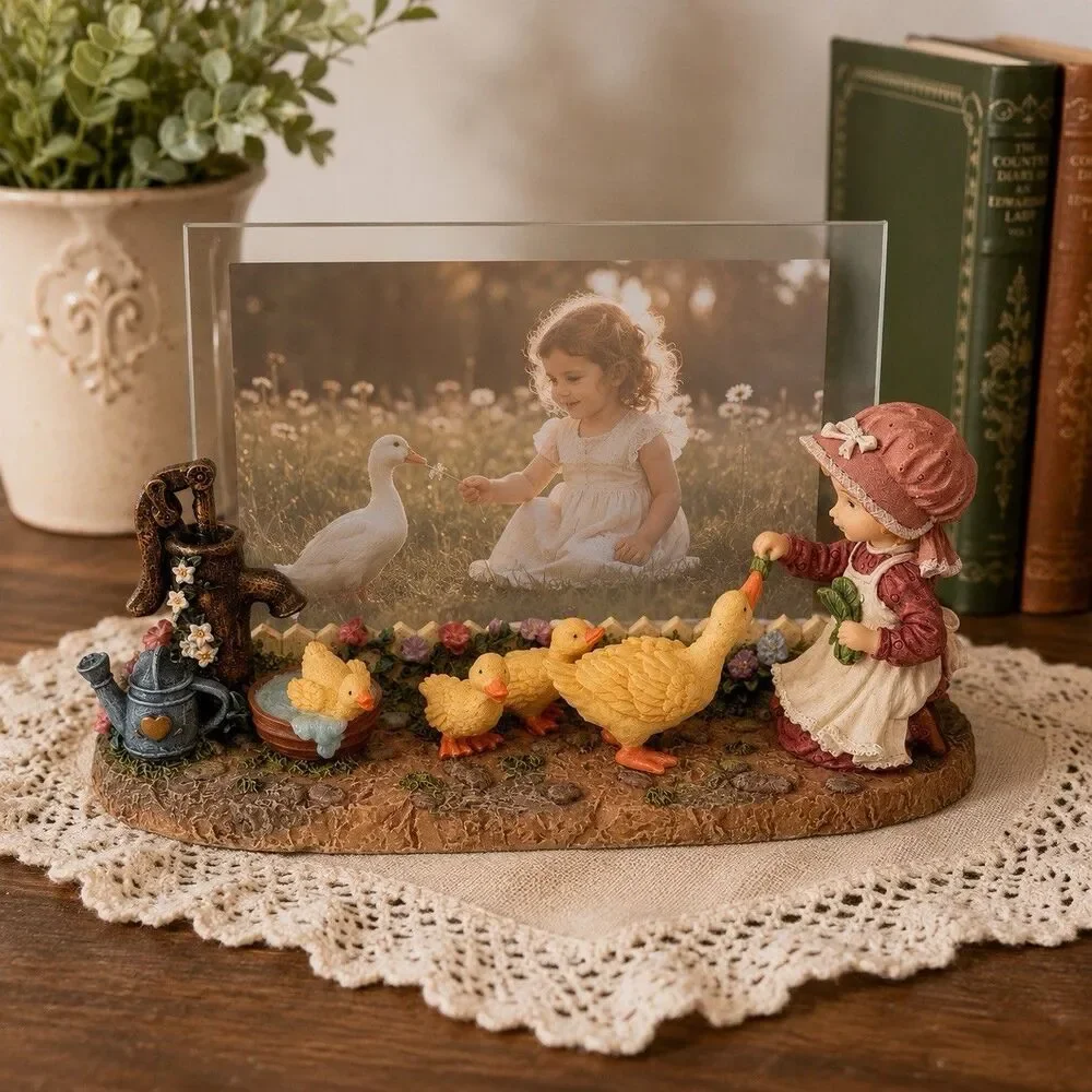 Vintage Girl Feeding Ducks Double Glass Photo Frame 6x4 Country Farmhouse Decor